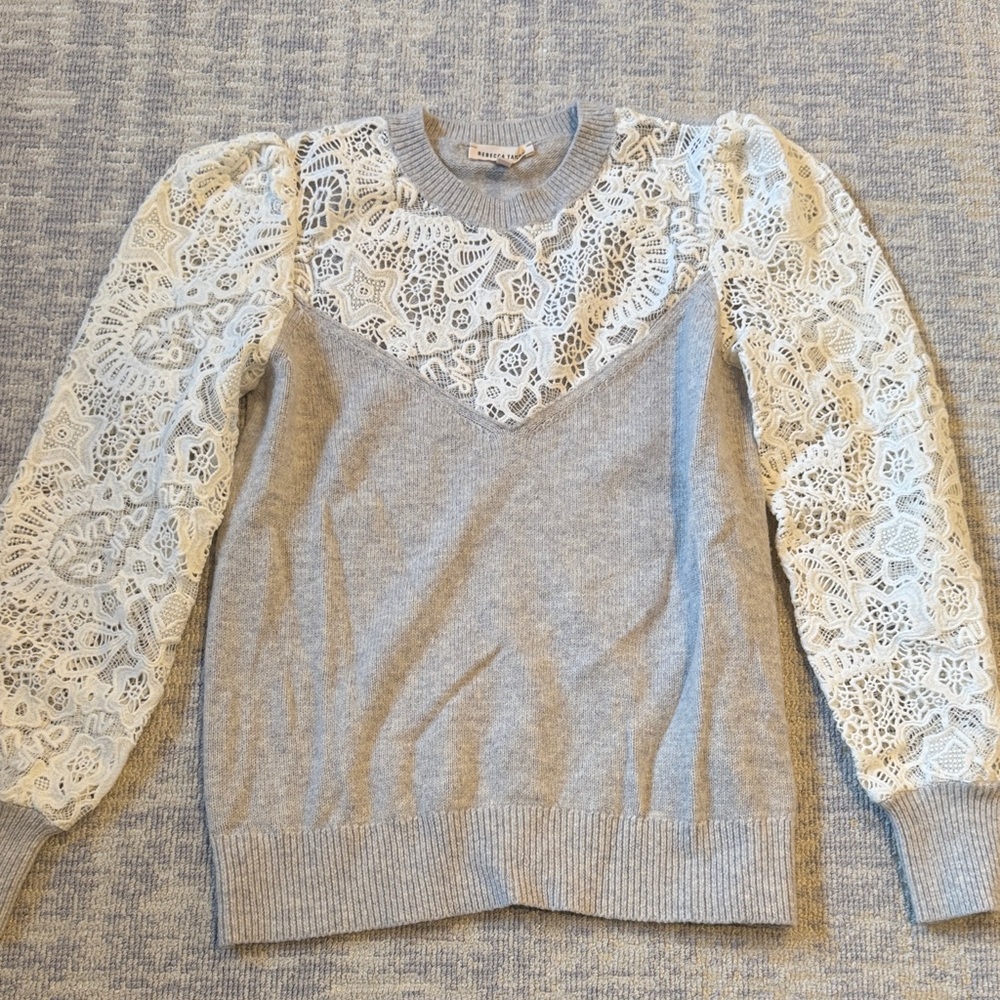 Rebecca Taylor Gray Sweater with Lace Sleeves